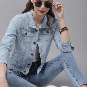 Women Blue Washed Cropped Denim Trucker Jacket